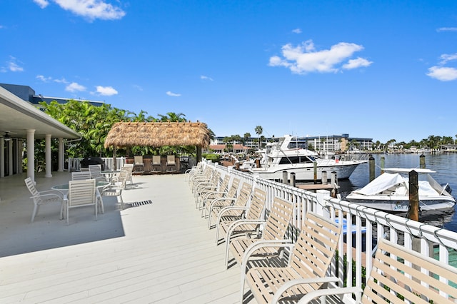 exterior space featuring a gazebo and a water view