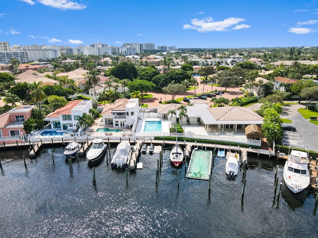 drone / aerial view with a water view