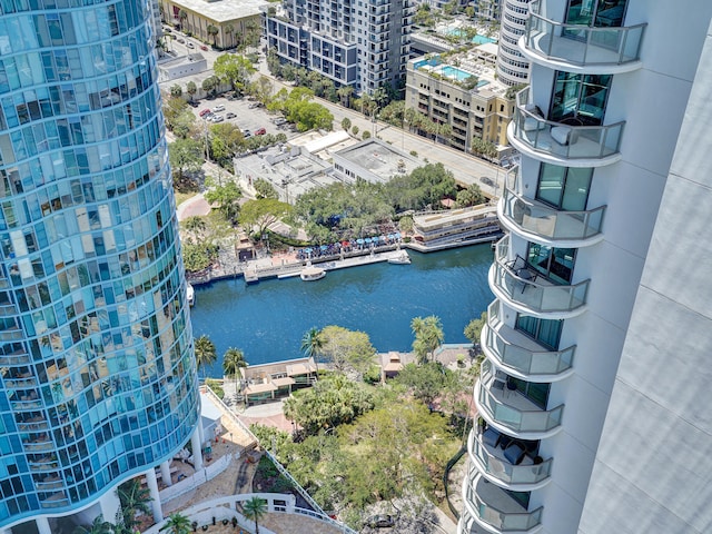 aerial view featuring a water view