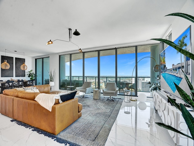 living room with a wall of windows