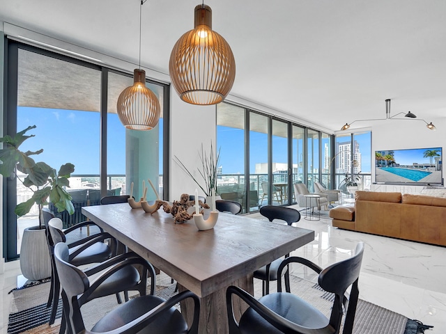 dining space with a wall of windows