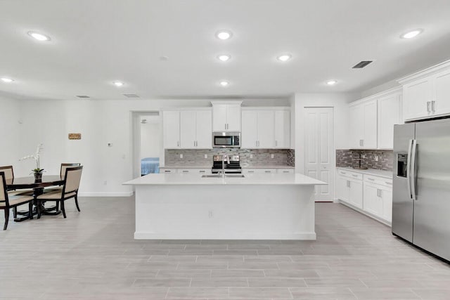 kitchen featuring white cabinets, decorative backsplash, a center island with sink, and stainless steel appliances