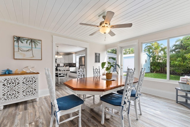 dining space with ceiling fan, wood ceiling, and light hardwood / wood-style flooring