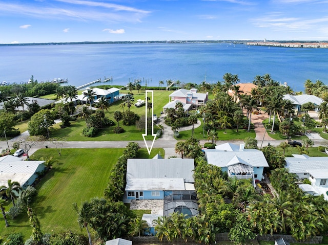 aerial view featuring a water view