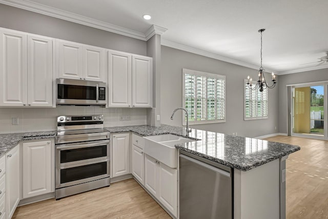 kitchen featuring stainless steel appliances, white cabinets, backsplash, and kitchen peninsula