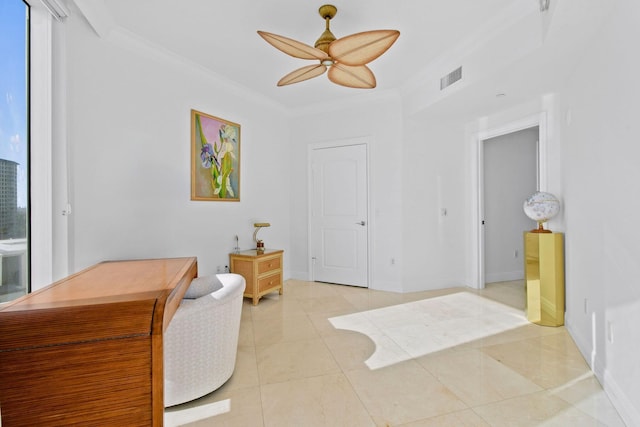 bathroom with tile patterned floors, ceiling fan, and crown molding