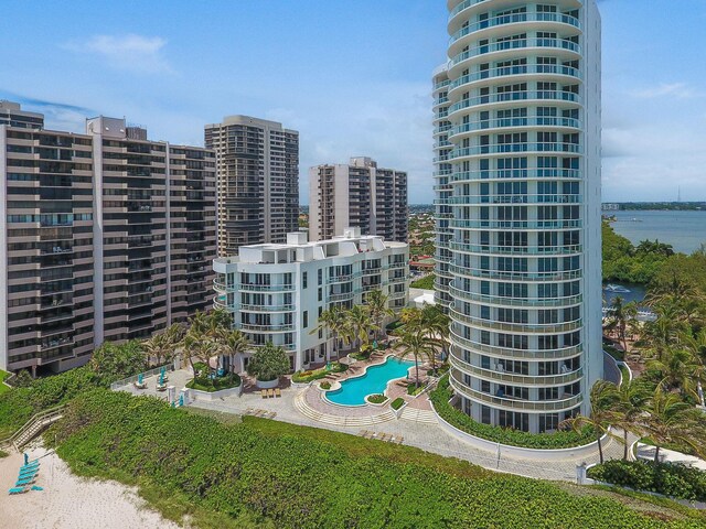 view of building exterior with a water view