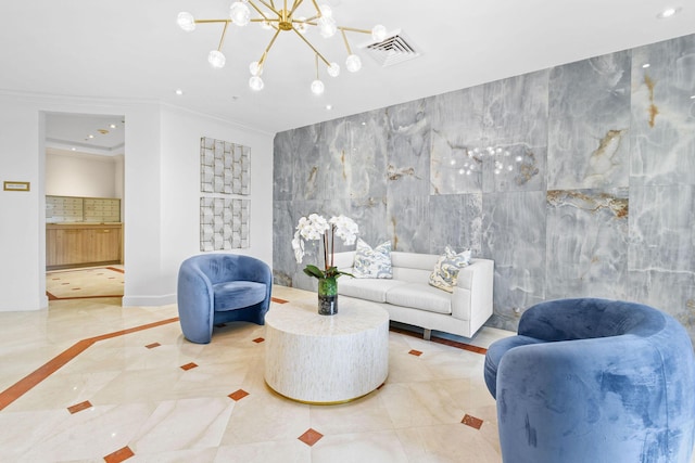 tiled living room with an inviting chandelier, tile walls, and ornamental molding