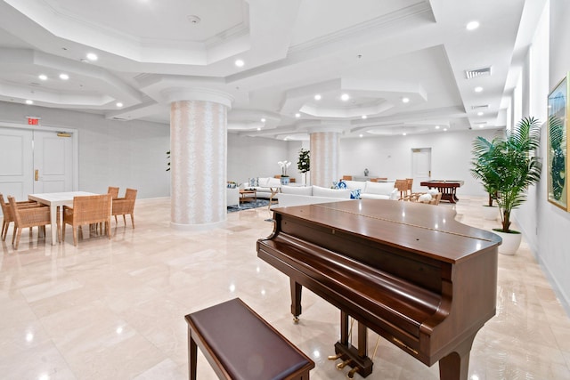 misc room featuring coffered ceiling, crown molding, a tray ceiling, and decorative columns