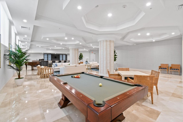 recreation room with decorative columns, a tray ceiling, ornamental molding, and billiards