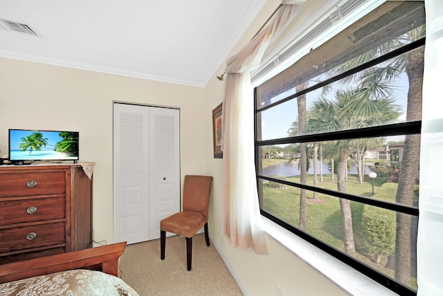 bedroom featuring crown molding, a closet, a water view, and light carpet