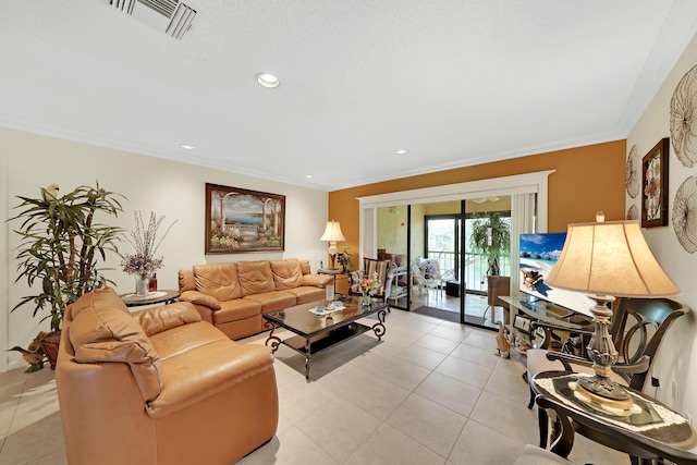 living room featuring ornamental molding and light tile patterned flooring