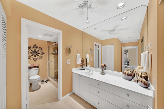 bathroom with toilet, tile patterned floors, a shower with door, and ceiling fan