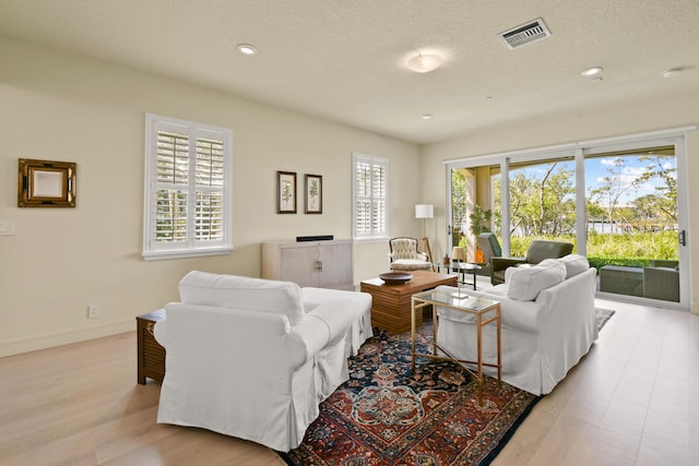 living room with a healthy amount of sunlight, a textured ceiling, and light hardwood / wood-style floors