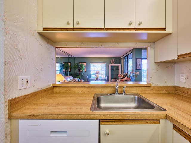 kitchen featuring white cabinetry, washer / clothes dryer, and sink