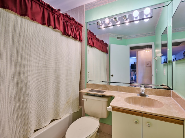 full bathroom featuring toilet, vanity, shower / bath combination with curtain, and tile patterned flooring