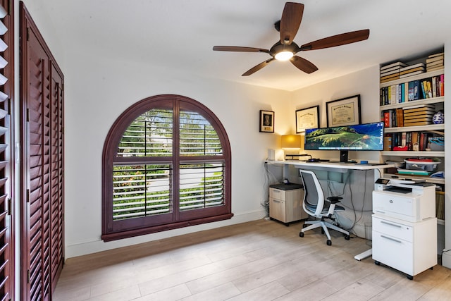 office with ceiling fan and light wood-type flooring