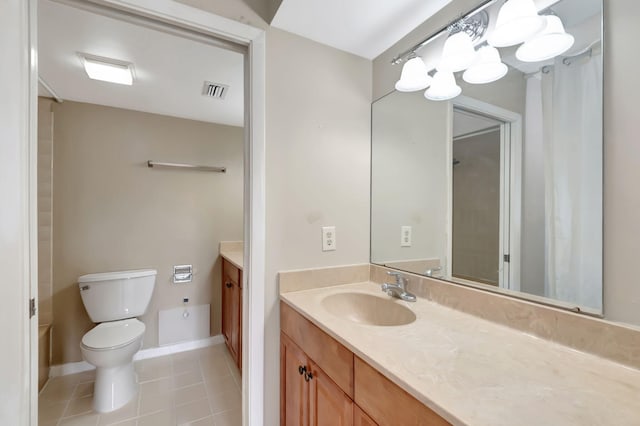 bathroom featuring toilet, a shower with curtain, vanity, and tile patterned floors