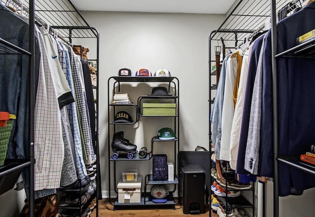 walk in closet with wood finished floors