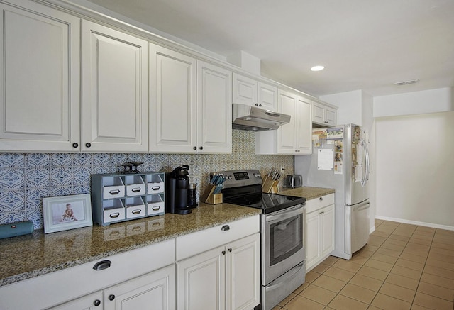 kitchen with light tile patterned floors, backsplash, stainless steel appliances, and under cabinet range hood