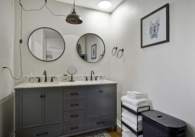 bathroom featuring double vanity, wood finished floors, and a sink