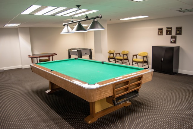 rec room featuring billiards and dark carpet