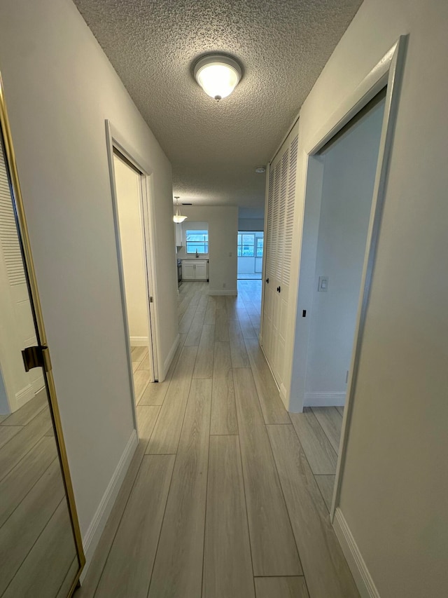 hallway featuring a textured ceiling and light wood-type flooring