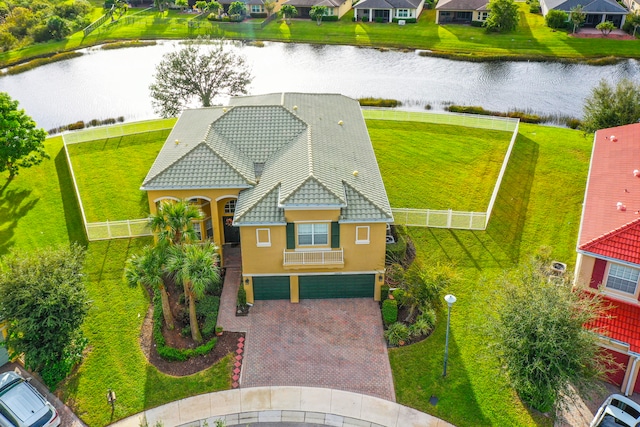 drone / aerial view featuring a water view