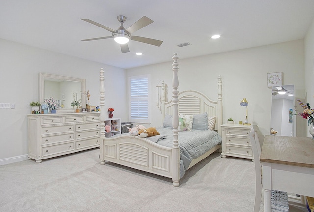 bedroom with ceiling fan and light colored carpet