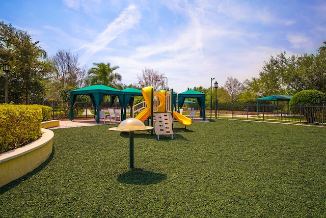 view of play area featuring a gazebo and a yard