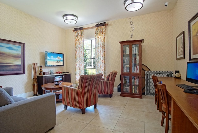 living room with light tile patterned flooring