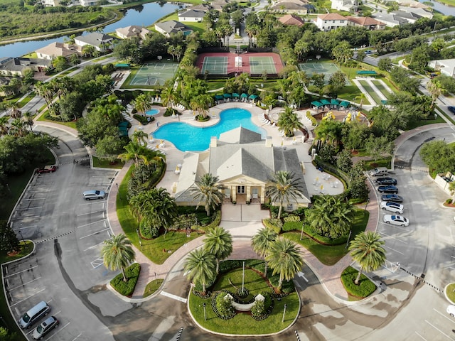 drone / aerial view with a water view