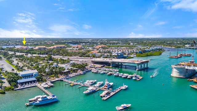 drone / aerial view featuring a water view