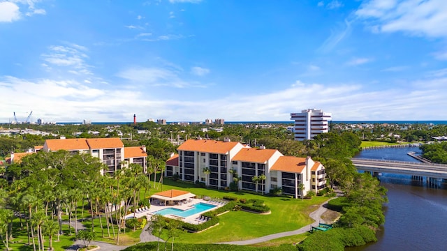 birds eye view of property featuring a water view