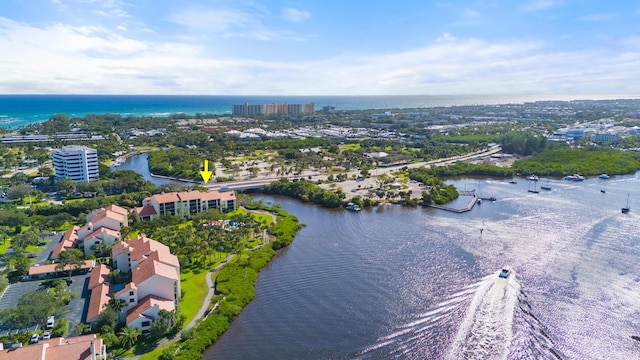 drone / aerial view with a water view