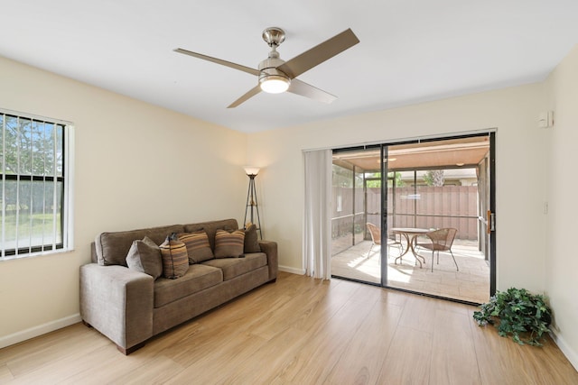 living room with ceiling fan, plenty of natural light, and light wood-type flooring