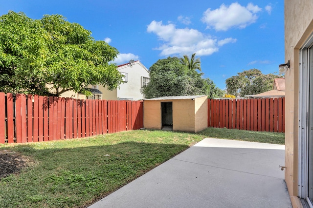 view of yard featuring a patio and a storage unit