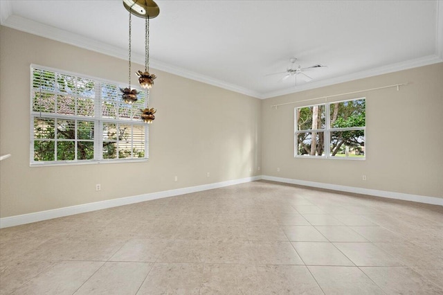 tiled empty room featuring ceiling fan and crown molding