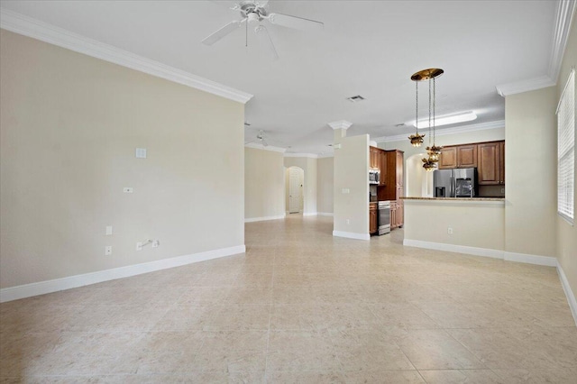 unfurnished living room with ceiling fan and crown molding