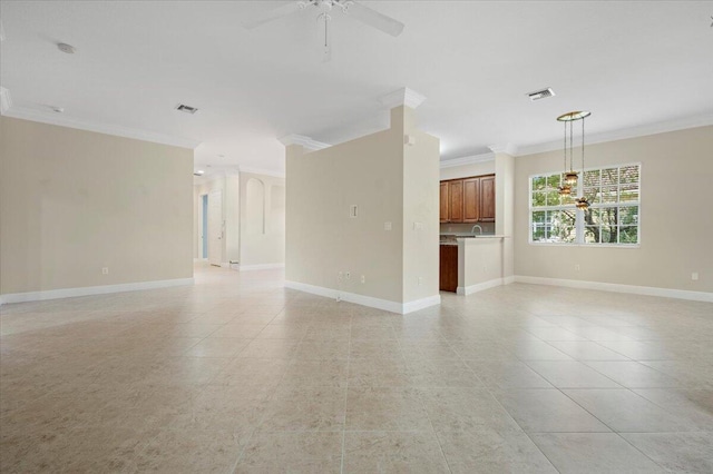 unfurnished living room featuring light tile patterned floors, ceiling fan, and crown molding