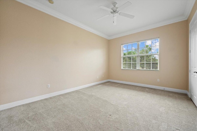 unfurnished room featuring carpet, ceiling fan, and crown molding