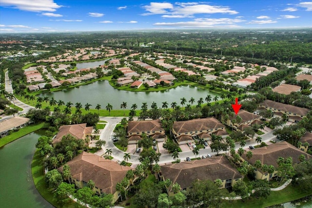 drone / aerial view featuring a water view