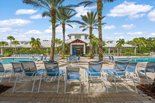 view of swimming pool with a patio area