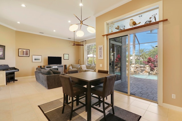 tiled dining area featuring ornamental molding