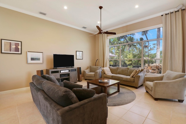 tiled living room with ornamental molding and ceiling fan