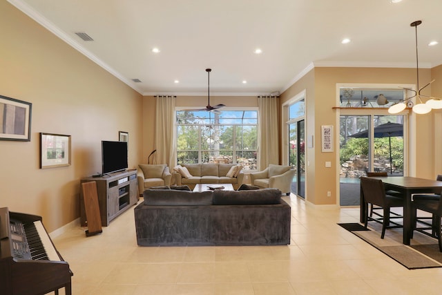 tiled living room with crown molding