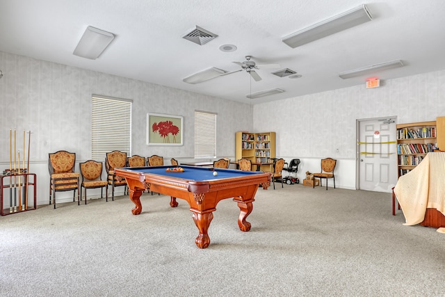 rec room with carpet flooring, ceiling fan, and pool table