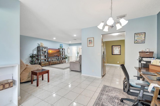 home office with a chandelier and light tile patterned floors