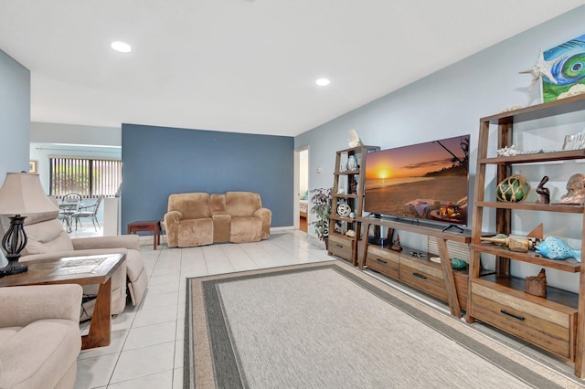 living room with light tile patterned flooring