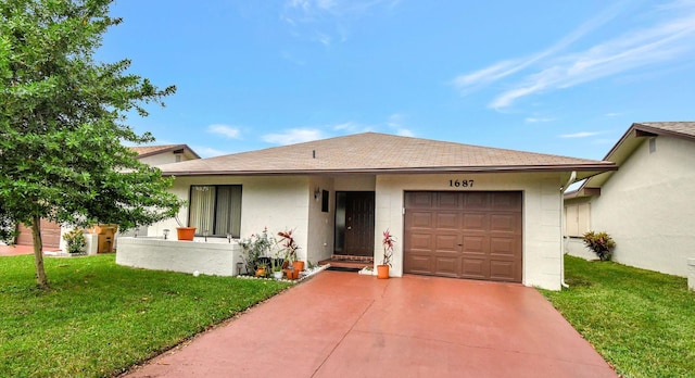 single story home featuring driveway, a garage, roof with shingles, a front yard, and stucco siding